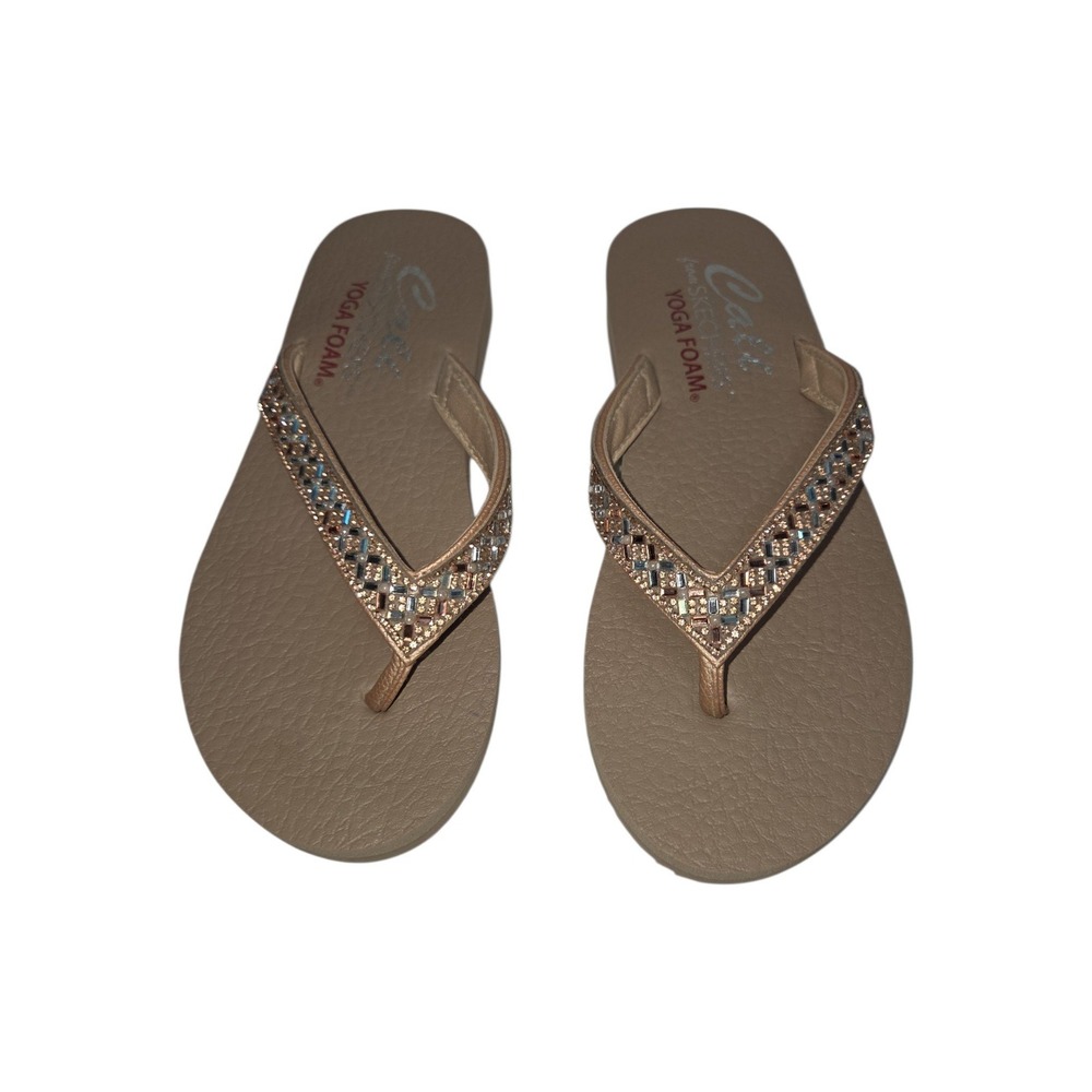 Skechers Sandals Women 7 Rose Gold Cali Yoga Foam Rhinestone Thong Flip Flops